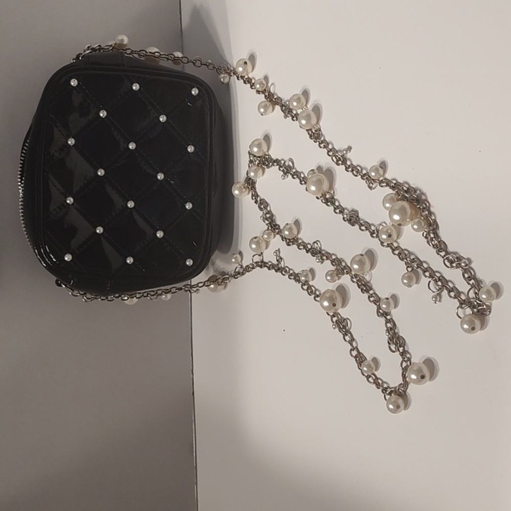 White House Black Market Black Patent Faux Pearl Crossbody Purse Tweens or Women